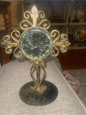 Vintage Decorative Metal and Glass Cross Tealight Holder Candle Holder 8"